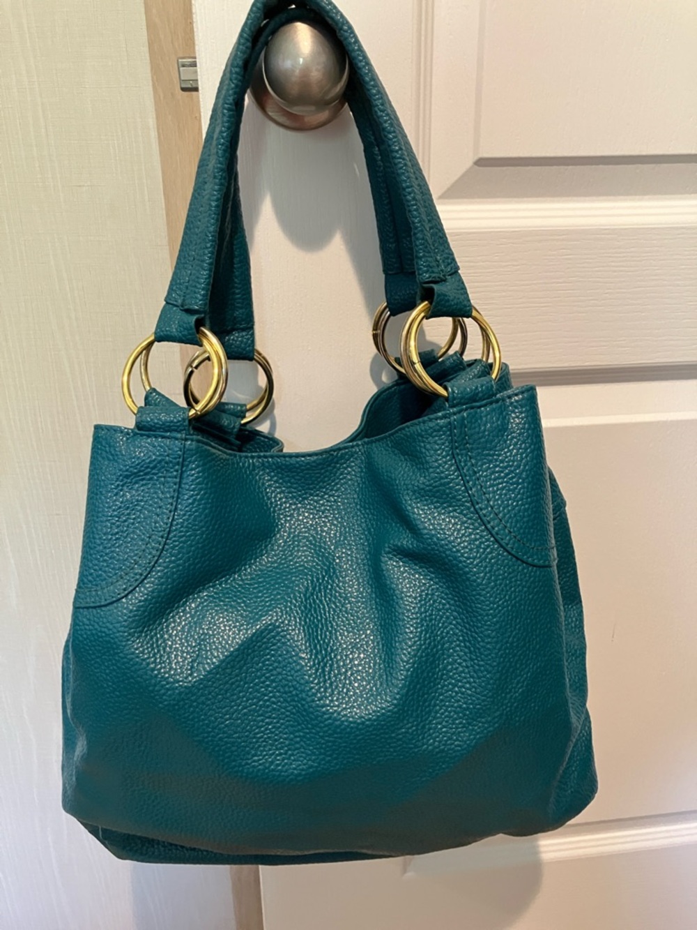 Aldo Teal Leather Tote Bag with Gold Ring Accents